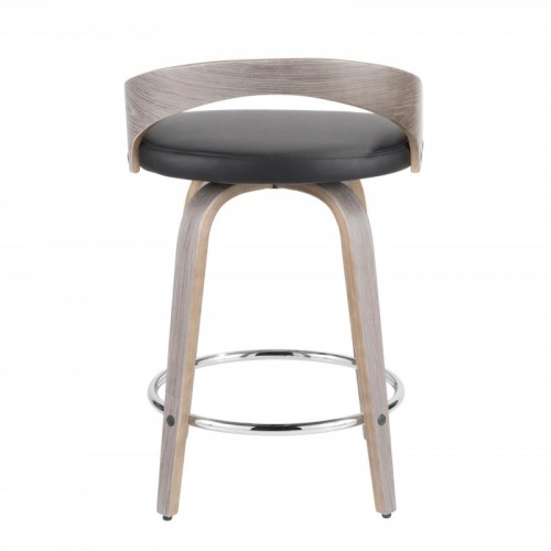 Set of 2 Mid-Century Modern Counter Stools with Light Grey Wood and Black Faux Leather Grotto