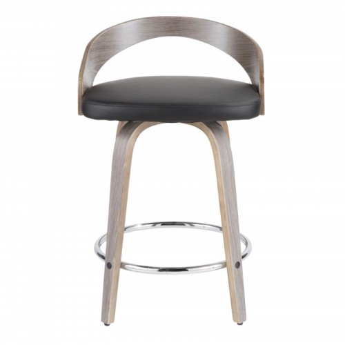 Set of 2 Mid-Century Modern Counter Stools with Light Grey Wood and Black Faux Leather Grotto