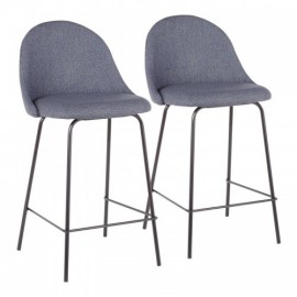 Set of 2 Contemporary Counter Stools in Black Metal and Blue Fabric Lana