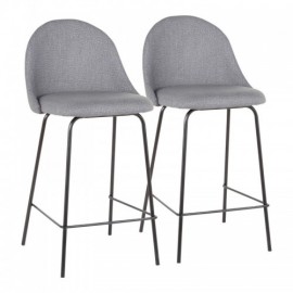 Set of 2 Contemporary Counter Stools in Black Metal and Grey Fabric Lana