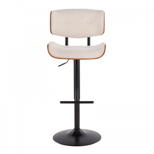 Mid-Century Modern Bar stool in Black Metal and Cream Noise Fabric with Walnut Wood Accent Lombardi