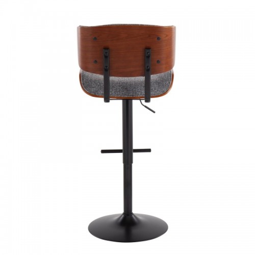Mid-Century Modern Bar stool in Black Metal and Grey Noise Fabric with Walnut Wood Accent Lombardi