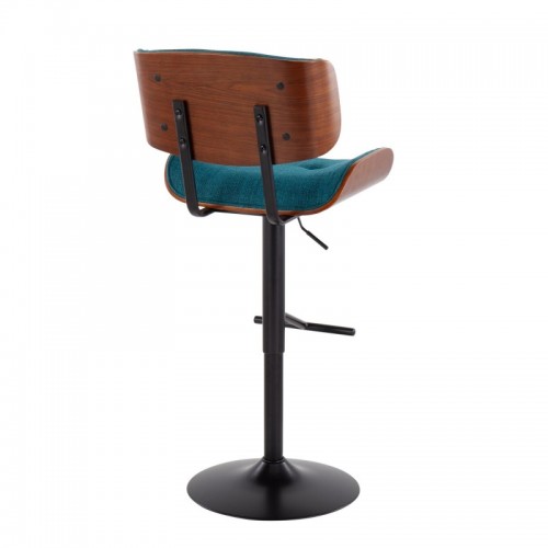 Mid-Century Modern Bar stool in Black Metal and Teal Noise Fabric with Walnut Wood Accent Lombardi