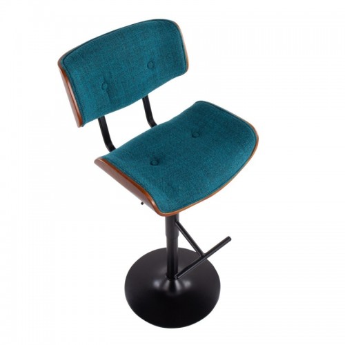 Mid-Century Modern Bar stool in Black Metal and Teal Noise Fabric with Walnut Wood Accent Lombardi