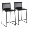 Set of 2 Contemporary Counter Stools in Black Metal and Black Faux Leather Mara