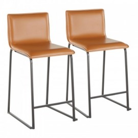 Set of 2 Contemporary Counter Stools in Black Metal and Camel Faux Leather Mara