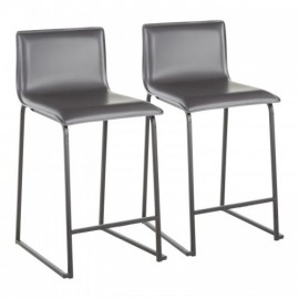 Set of 2 Contemporary Counter Stools in Black Metal and Grey Faux Leather Mara