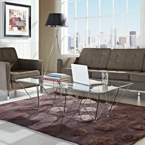 Modern Rectangular Glass Coffee Table with Chromed Base Prism