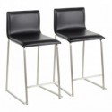 Set of 2 Contemporary Counter Stools in Brushed Stainless Steel, and Black Faux Leather Mara