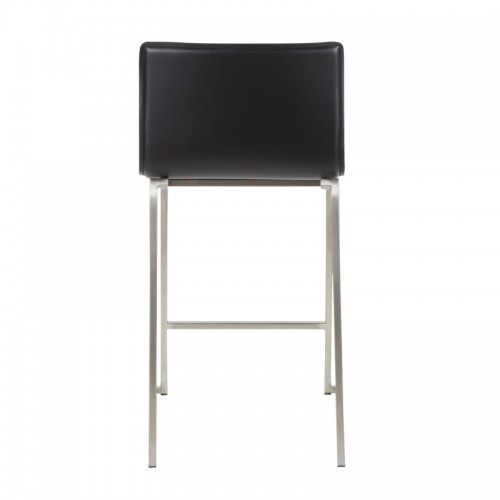 Set of 2 Contemporary Counter Stools in Brushed Stainless Steel, and Black Faux Leather Mara