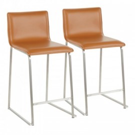 Set of 2 Contemporary Counter Stools in Brushed Stainless Steel, and Camel Faux Leather Mara