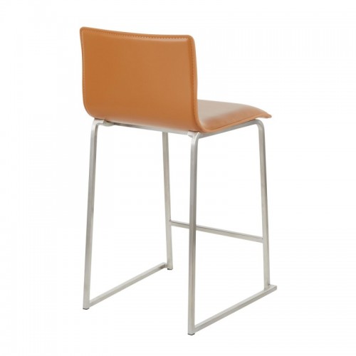 Set of 2 Contemporary Counter Stools in Brushed Stainless Steel, and Camel Faux Leather Mara