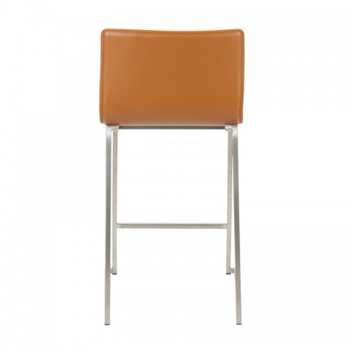 Set of 2 Contemporary Counter Stools in Brushed Stainless Steel, and Camel Faux Leather Mara