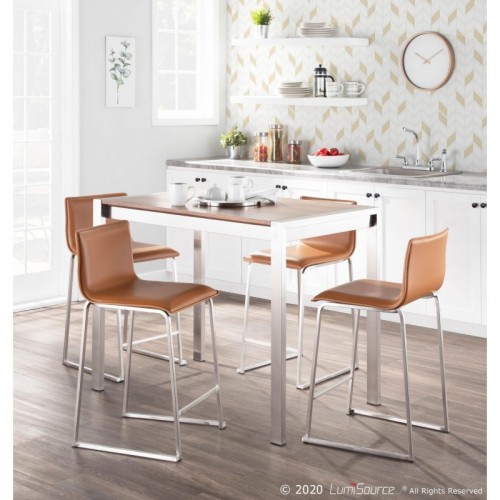 Set of 2 Contemporary Counter Stools in Brushed Stainless Steel, and Camel Faux Leather Mara