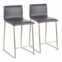 Set of 2 Contemporary Counter Stools in Brushed Stainless Steel, and Grey Faux Leather Mara
