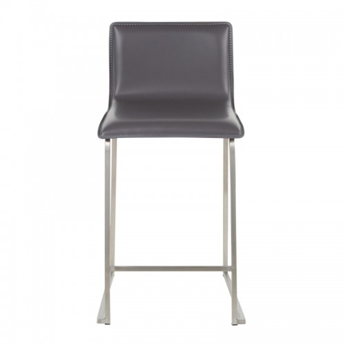 Set of 2 Contemporary Counter Stools in Brushed Stainless Steel, and Grey Faux Leather Mara