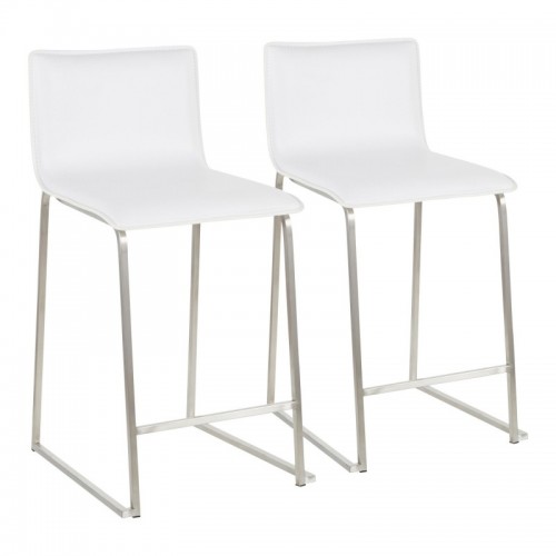 Set of 2 Contemporary Counter Stools in Brushed Stainless Steel, and White Faux Leather Mara