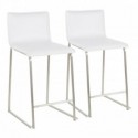 Set of 2 Contemporary Counter Stools in Brushed Stainless Steel, and White Faux Leather Mara