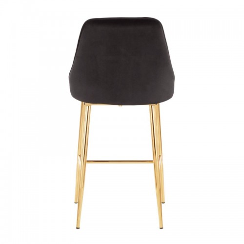 Set of 2 Contemporary-Glam Counter Stools in Gold Metal and Black Velvet Marcel