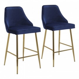 Set of 2 Contemporary-Glam Counter Stools in Gold Metal and Blue Velvet Marcel