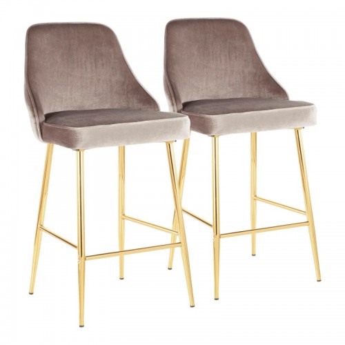 Set of 2 Contemporary-Glam Counter Stools in Gold Metal and Silver Velvet Marcel