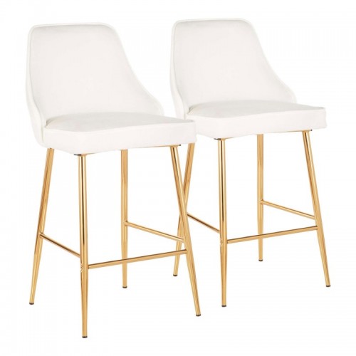 Set of 2 Contemporary-Glam Counter Stools in Gold Metal and White Velvet Marcel