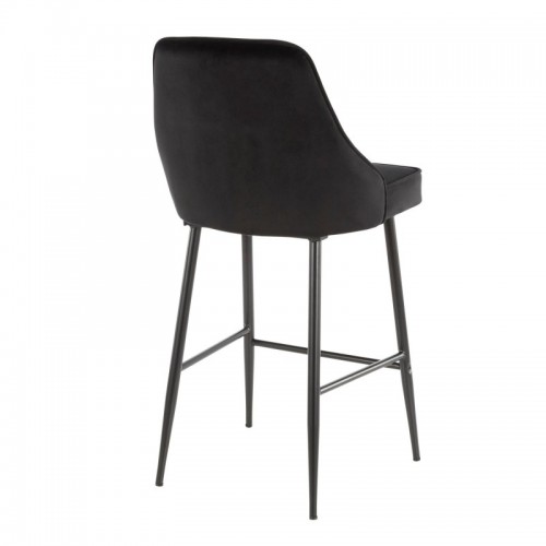 Set of 2 Contemporary Counter Stools in Black Metal and Black Velvet Marcel