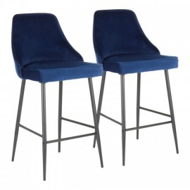Set of 2 Contemporary Counter Stools in Black Metal and Navy Blue Velvet Marcel