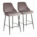 Set of 2 Contemporary Counter Stools in Black Metal and Silver Velvet Marcel