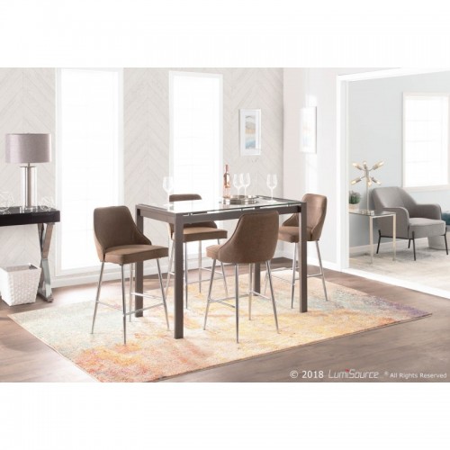 Set of 2 Contemporary Counter Stools in Chrome and Brown Faux Leather Marcel