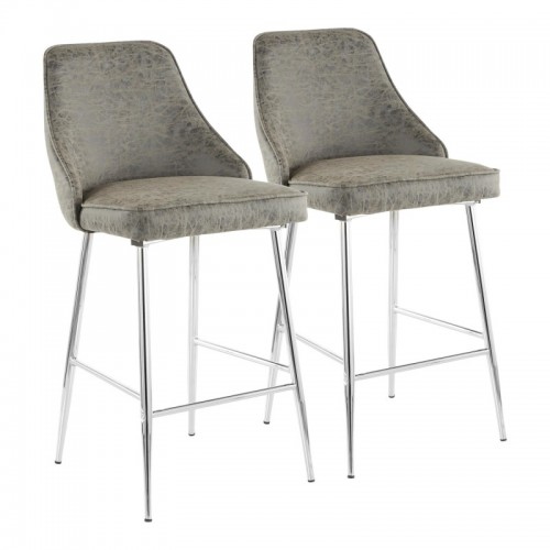 Set of 2 Contemporary Counter Stools in Chrome and Grey Faux Leather Marcel