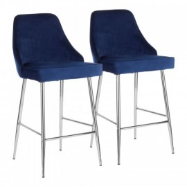 Set of 2 Contemporary Counter Stools in Chrome and Navy Blue Velvet Marcel