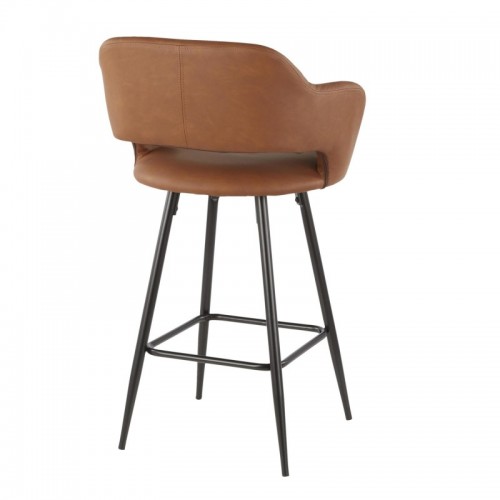 Set of 2 Contemporary Counter Stools in Black Metal and Brown Faux Leather Margarite