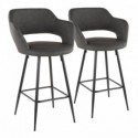 Set of 2 Contemporary Counter Stools in Black Metal and Grey Faux Leather Margarite