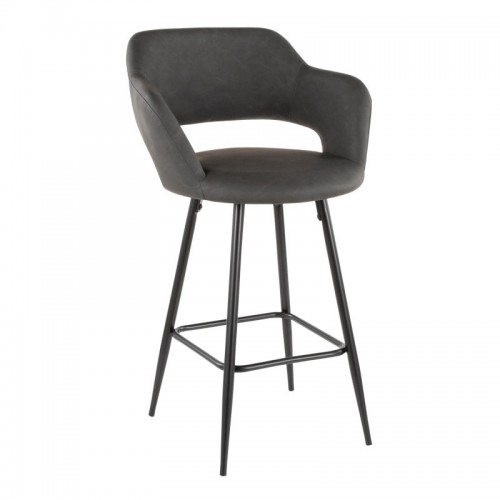 Set of 2 Contemporary Counter Stools in Black Metal and Grey Faux Leather Margarite