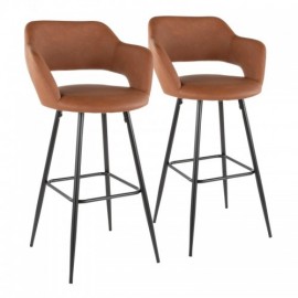Set of 2 Contemporary Bar stools in Black Metal and Brown Faux Leather Margarite