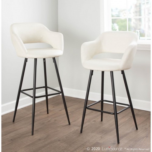 Set of 2 Contemporary Bar stools in Black Metal and Cream Faux Leather Margarite