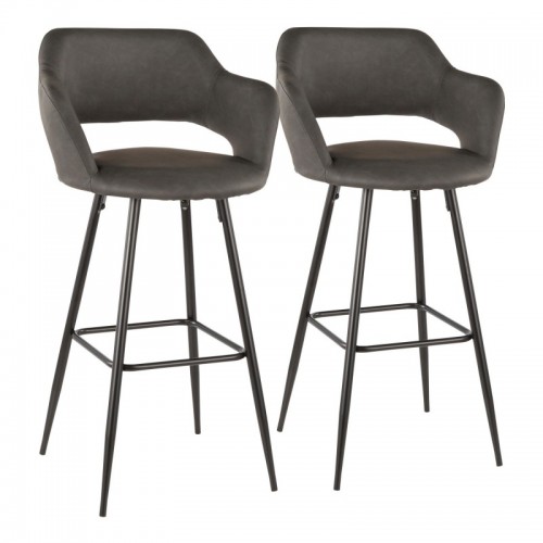 Set of 2 Contemporary Bar stools in Black Metal and Grey Faux Leather Margarite