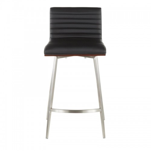 Set of 2 Contemporary Swivel Counter Stools in Stainless Steel, Walnut Wood, and Black Faux Leather Mason