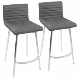 Set of 2 Contemporary Swivel Counter Stools in Stainless Steel, Walnut Wood, and Grey Faux Leather Mason