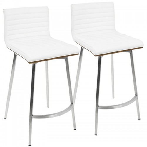 Set of 2 Contemporary Swivel Counter Stools in Stainless Steel, Walnut Wood, and White Faux Leather Mason