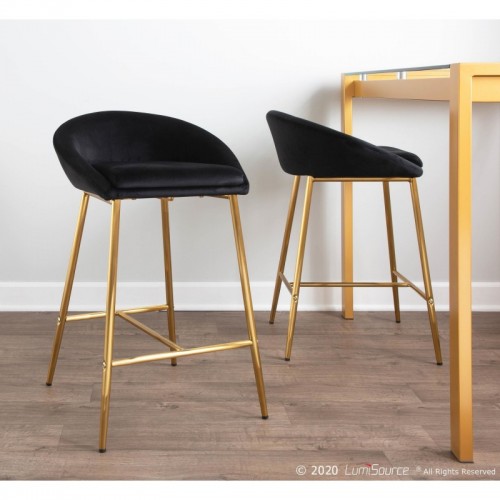 Set of 2 Glam Counter Stools with Gold Frame and Black Velvet Matisse