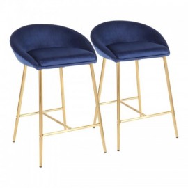 Set of 2 Glam Counter Stools with Gold Metal and Blue Velvet Matisse