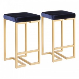 Set of 2 Contemporary-Glam Counter Stools in Gold with Blue Velvet Cushion Midas