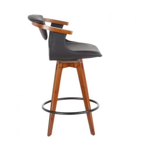 Mid-Century Modern Counter Stool in Walnut Bamboo and Black Faux Leather Oracle