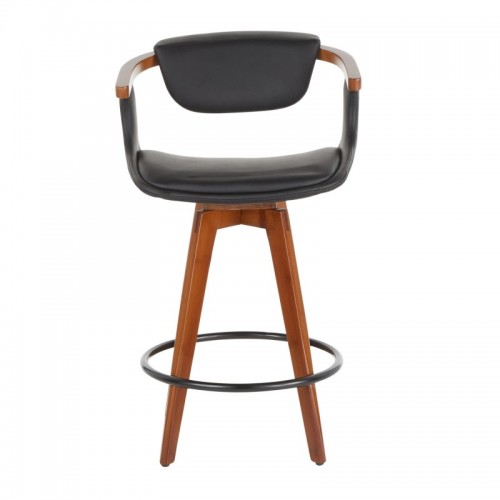 Mid-Century Modern Counter Stool in Walnut Bamboo and Black Faux Leather Oracle