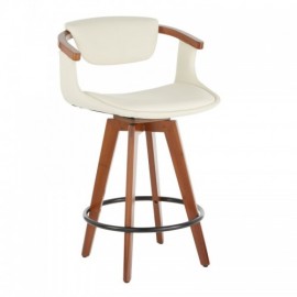 Mid-Century Modern Counter Stool in Walnut Bamboo and Cream Faux Leather Oracle