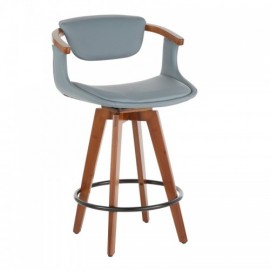 Mid-Century Modern Counter Stool in Walnut Bamboo and Grey Faux Leather Oracle