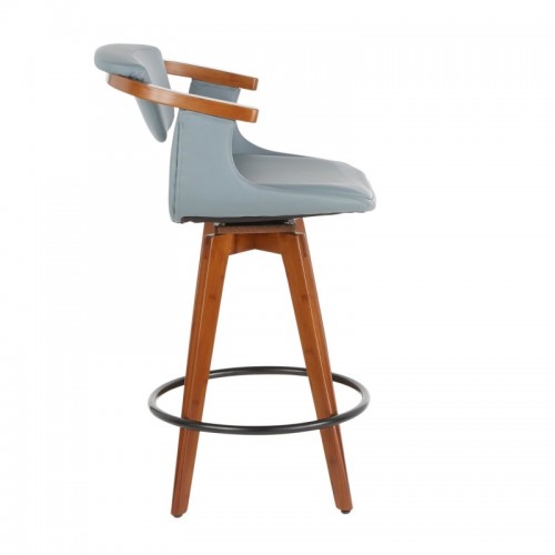 Mid-Century Modern Counter Stool in Walnut Bamboo and Grey Faux Leather Oracle