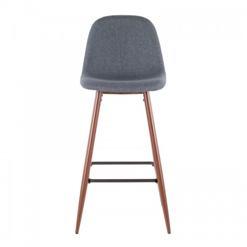 Set of 2 Mid-Century Modern Bar stools in Walnut Metal and Blue Fabric Pebble